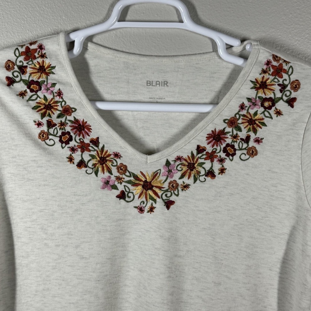 Blair Womens Oatmeal Heather Floral Embroidered V-Neck Long Sleeve Top Large